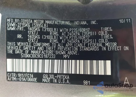 2012 Toyota Sienna Le V6 8 Passenger from USA, damaged, VIN 5TDKK3DC9CS187233